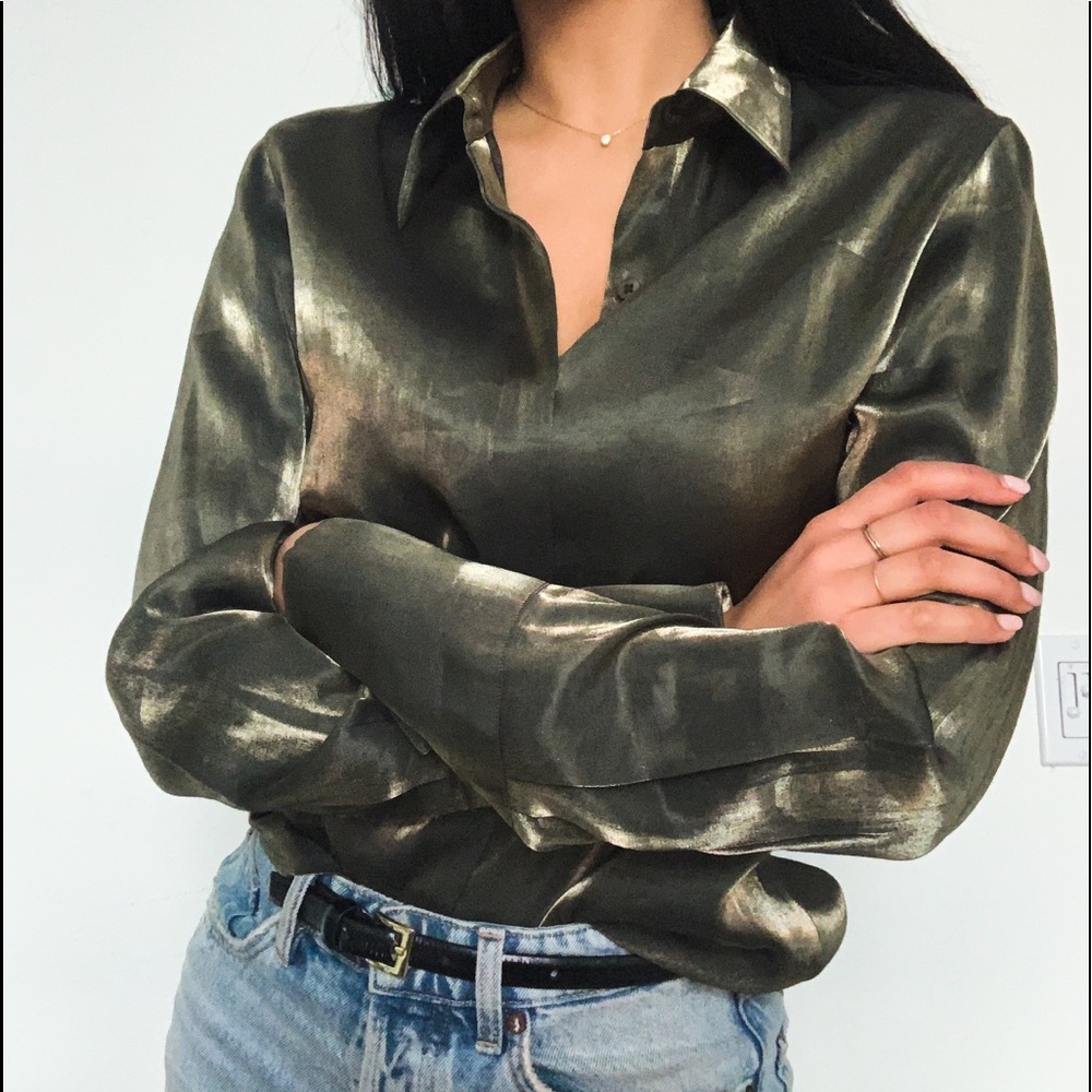Satin green button down